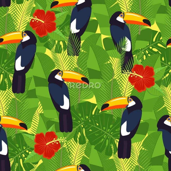 Papier peint  Feuilles et fleurs tropicales sans soudure - palmier, monstera, hibiscus et plumeria, strelitzia reginae et oiseaux tropicaux
