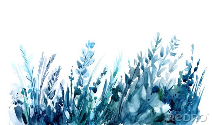 Papier peint  Feuilles et herbes à l’aquarelle dans des tons bleus