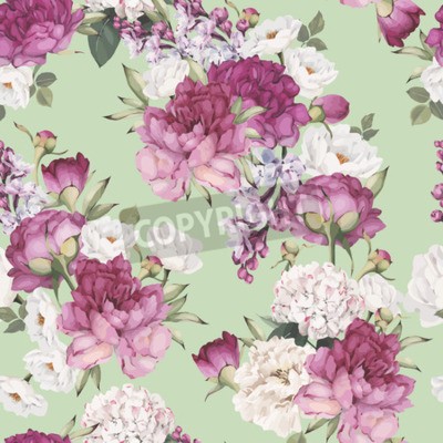 Papier peint  Feuilles et pivoines sur fond vert