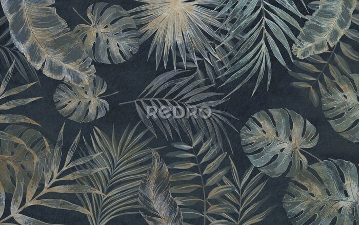 Papier peint  Feuilles exotiques avec monstera et palmiers