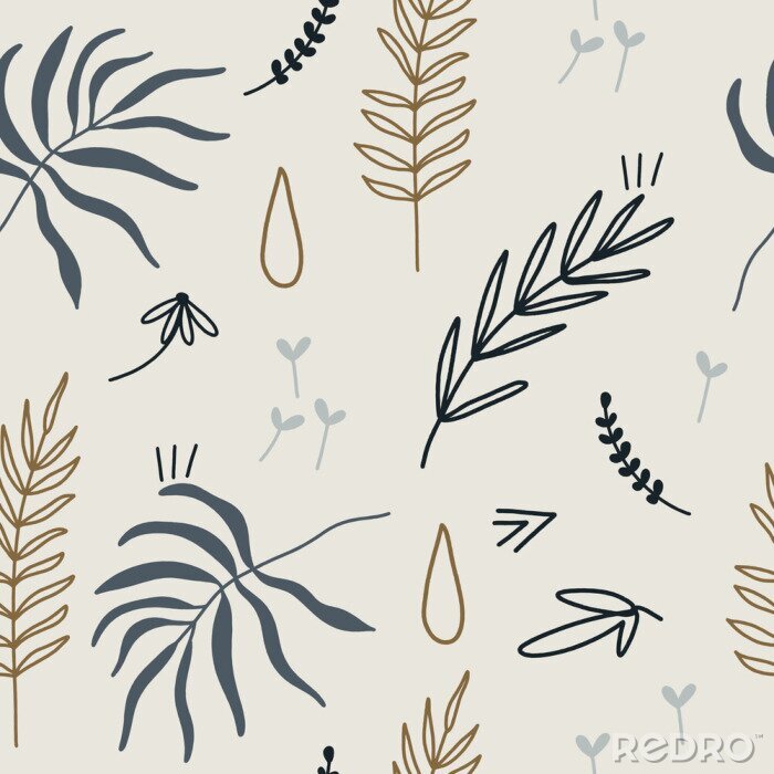 Papier peint  Feuilles grises et beiges de style scandinave