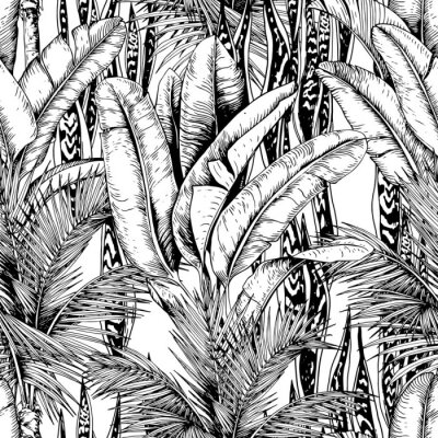 Papier peint à motif  Feuilles noires et blanches des tropiques