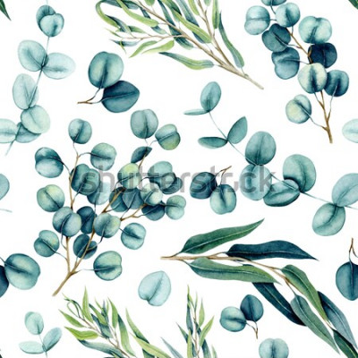 Papier peint  Feuilles sur fond blanc version aquarelle