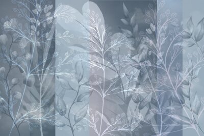 Feuilles sur un Fond Géométrique en Gris et Bleu