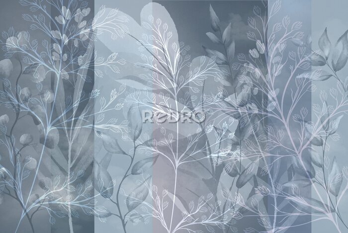 Papier peint  Feuilles sur un Fond Géométrique en Gris et Bleu