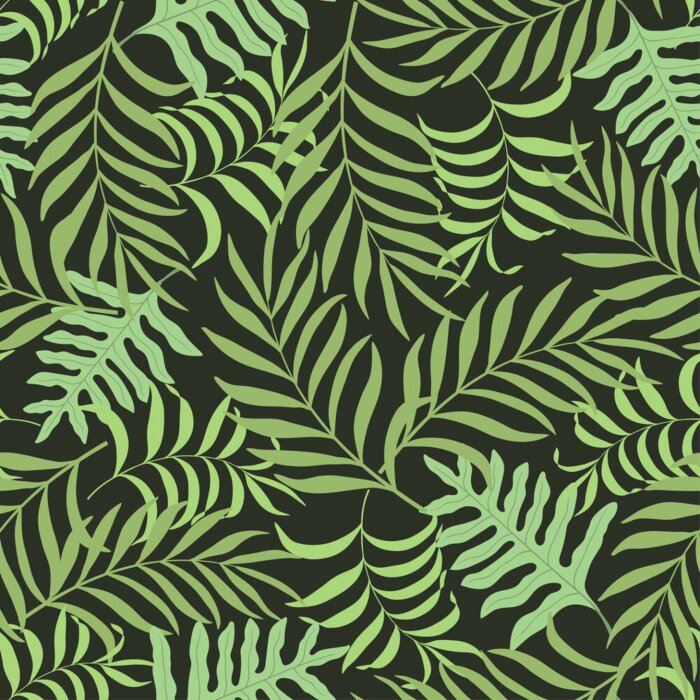 Papier peint  Feuilles sur un fond vert foncé