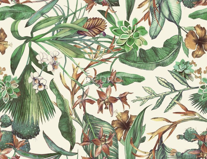 Papier peint  Feuilles tropicales avec des fleurs d'orchidée