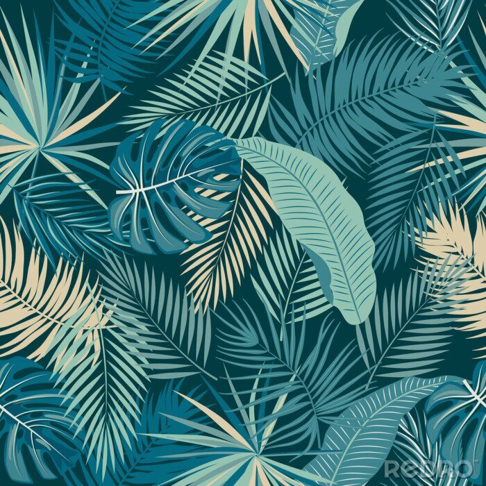Papier peint  Feuilles tropicales beiges et bleues
