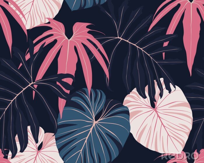 Papier peint  Feuilles tropicales bleu marine et rose