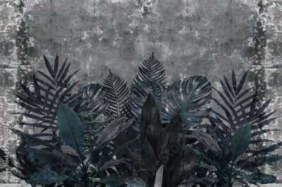 Papier peint  Feuilles tropicales bleues sur fond en béton