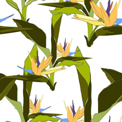Papier peint  Feuilles tropicales d'été et tendance. Conception graphique sans faille avec des plantes exotiques et des fleurs de paradis strelitzia. Mode, tissu et tous les imprimés sur fond blanc élégant.