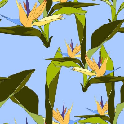 Papier peint  Feuilles tropicales d'été et tendance. Conception graphique sans faille avec des plantes exotiques et des fleurs de paradis strelitzia. Mode, tissu et tous les imprimés sur fond bleu élégant.