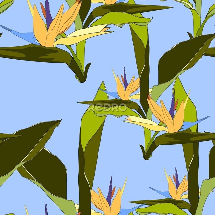 Papier peint  Feuilles tropicales d'été et tendance. Conception graphique sans faille avec des plantes exotiques et des fleurs de paradis strelitzia. Mode, tissu et tous les imprimés sur fond bleu élégant.