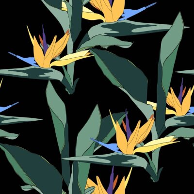 Papier peint  Feuilles tropicales d'été et tendance. Conception graphique sans faille avec des plantes exotiques et des fleurs de paradis strelitzia. Mode, tissu et tous les imprimés sur fond noir élégant.