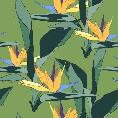 Papier peint  Feuilles tropicales d'été et tendance. Conception graphique sans faille avec des plantes exotiques et des fleurs de paradis strelitzia. Mode, tissu et tous les imprimés sur fond vert élégant.