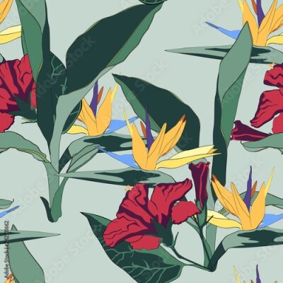 Papier peint  Feuilles tropicales d'été et tendance. Design graphique sans faille avec des plantes exotiques et des fleurs de paradis strelitzia hibiscus. Mode, tissus et tous les imprimés sur fond vintage clair él