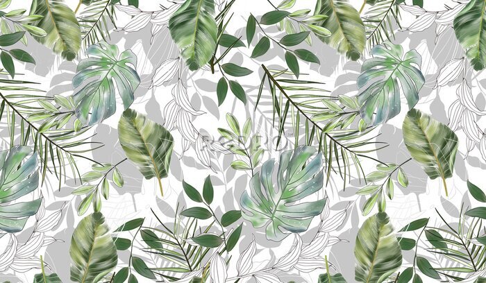 Papier peint  Feuilles tropicales dans les tons de vert et de gris