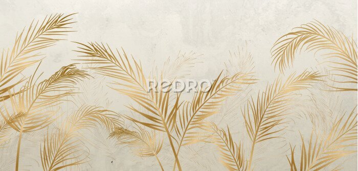 Papier peint  Feuilles tropicales de palmier dans des tons imitation or
