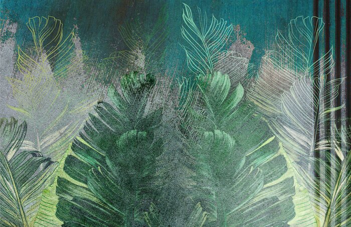 Papier peint  Feuilles tropicales sur un fond en béton