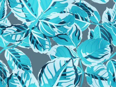 Papier peint  Feuilles turquoises sur fond gris