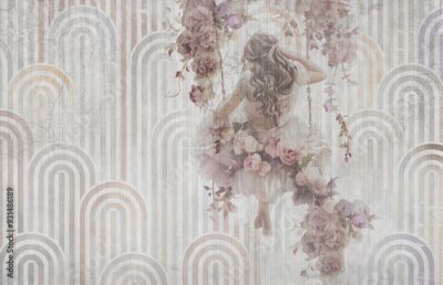 Papier peint  Fille avec des fleurs sur une balançoire, fond géométrique