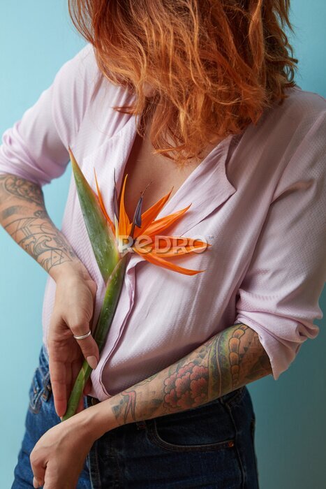 Papier peint  fille dans une chemise rose posant avec une fleur strelitzia dans son tatouage les mains sur un fond bleu