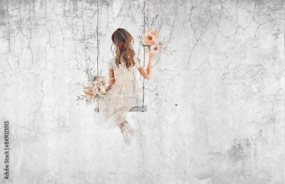Papier peint  Fillette sur une balançoire avec des fleurs et un fond effet béton