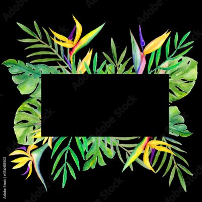 Papier peint  finished template image, framed with green and gold palm leaves, monstera, Strelitzia flowers on a black background, watercolor

