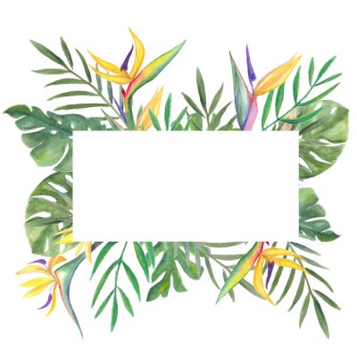 Papier peint  finished template image, framed with green and gold palm leaves, monstera, Strelitzia flowers on a white background, watercolor