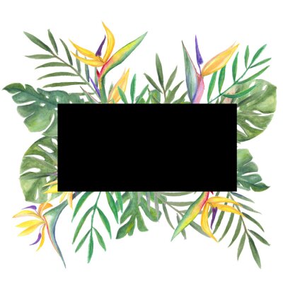 Papier peint  finished template image, framed with green and gold palm leaves, monstera, Strelitzia flowers on a white background, watercolor