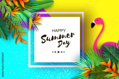 Papier peint  Flaingo rose. Fleur Strelitzia. Oiseau de paradis - plante tropicale exotique. Palms. Été dans le style de coupe de papier. Texte. Arrière-plan floral Origami Monstera jungle. Cadre carré.