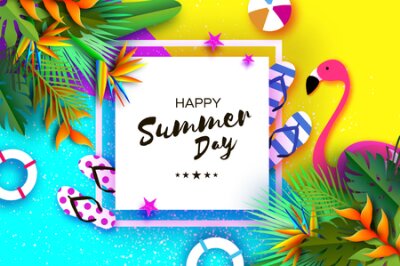 Papier peint  Flaingo rose. Strelitzia de fleurs. Oiseau de paradis - plante tropicale exotique. Palmiers Bouée de sauvetage en origami. Jeu de balle de sport. Chaussures Flipflops. Concept de vacances et de voyage