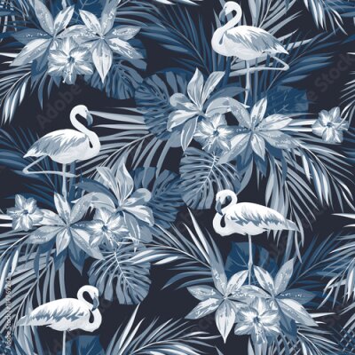 Papier peint  Flamant bleu sur fond tropical