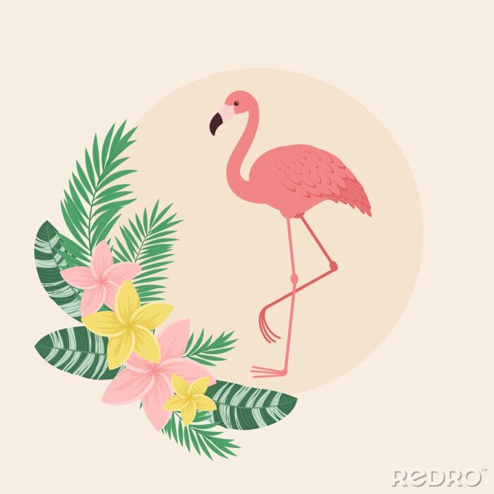 Papier peint  Flamant rose avec des fleurs et des feuilles tropicales