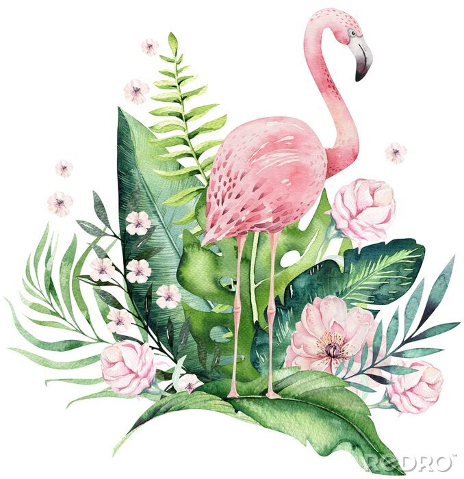 Papier peint  Flamant rose et feuilles tropicales