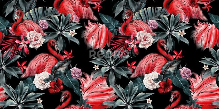Papier peint  Flamants abstraits au milieu de fleurs tropicales sur fond sombre