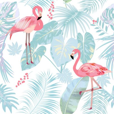 Flamants rose clair sur fond bleu clair