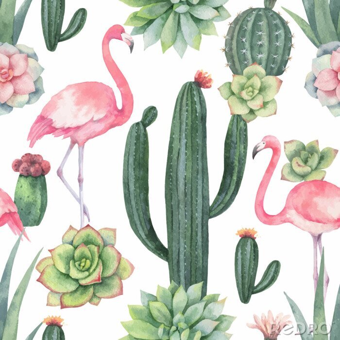 Papier peint  Flamants rose clair sur motif avec cactus