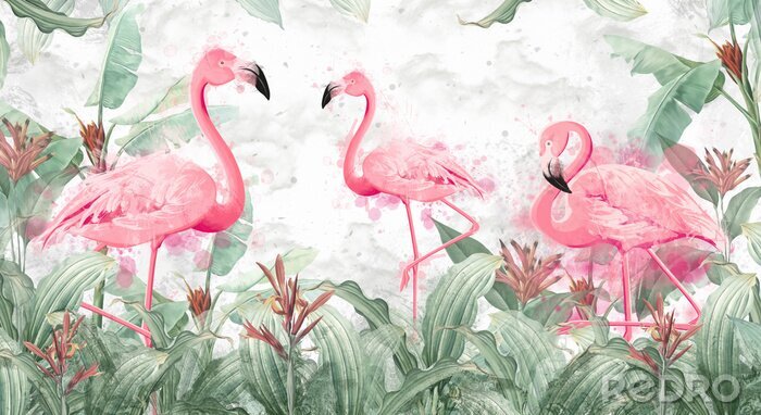Papier peint  Flamants roses abstraits parmi les feuilles