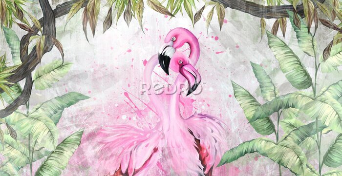Papier peint  Flamants roses au milieu de grandes feuilles tropicales