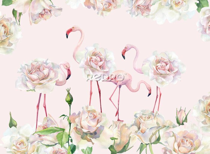 Papier peint  Flamants roses aux roses
