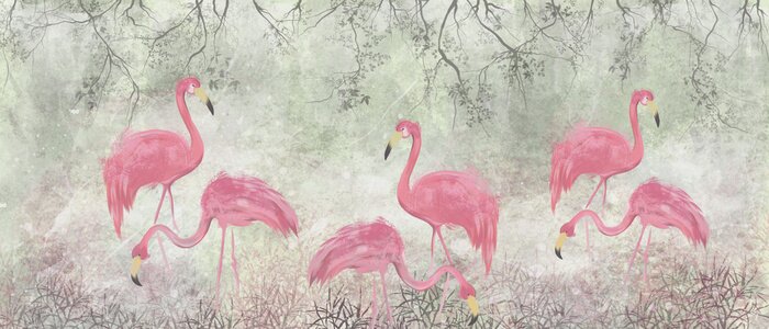 Papier peint  Flamants roses dans les buissons