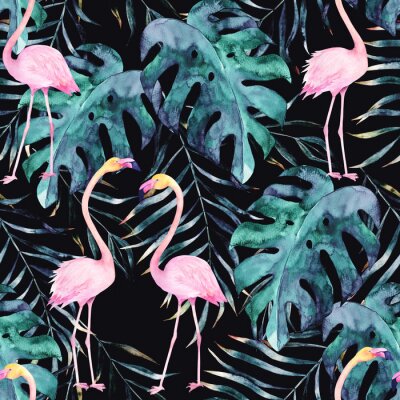 Papier peint à motif  Flamants roses et feuilles de monstera sur fond noir