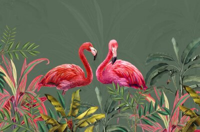 Papier peint  Flamants roses et feuilles tropicales colorées