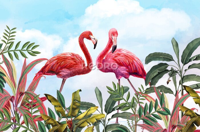 Papier peint  Flamants roses et feuilles tropicales contre le ciel