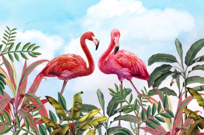 Papier peint  Flamants roses et feuilles tropicales contre le ciel