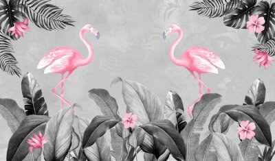 Papier peint  Flamants roses et feuilles tropicales grises