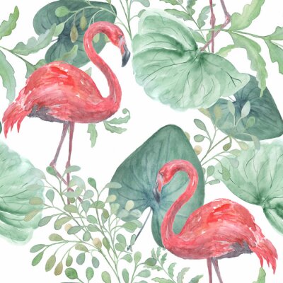 Papier peint  Flamants roses et feuilles tropicales version aquarelle