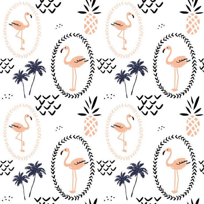 Papier peint  Flamants roses et motifs palmiers
