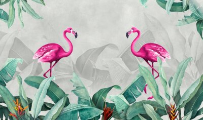 Papier peint  Flamants roses et plantes tropicales